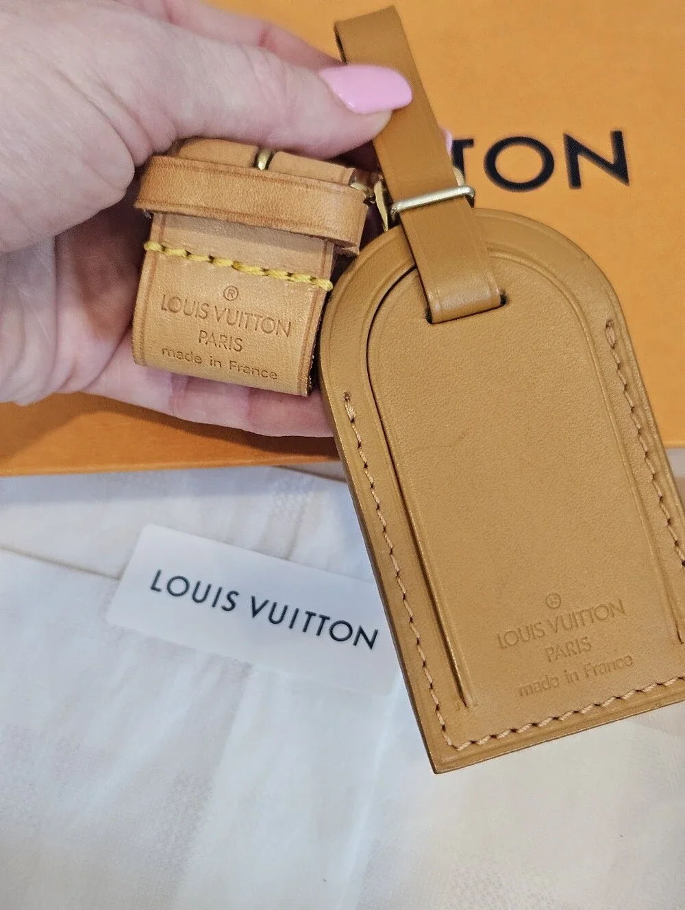 Louis Vuitton Vachetta Leather Luggage Tag + Handle Keeper Set w/ Box Vintage
